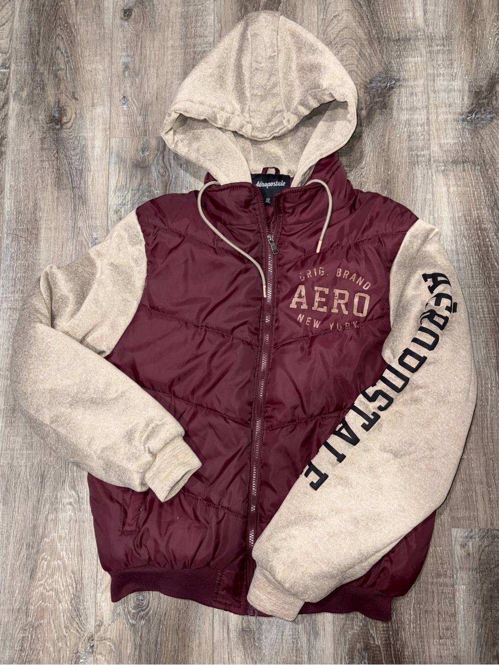 Aeropostale Men's Maroon Body with Beige Sleeves Hooded Bomber